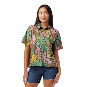 Women’s Everyday Party Short Sleeve Button Down - Fern Green Aloha Forest