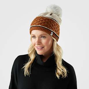 Cable Knit Colorblock Pom Beanie - Squash